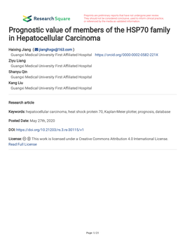 Prognostic Value of Members of the HSP70 Family in Hepatocellular Carcinoma