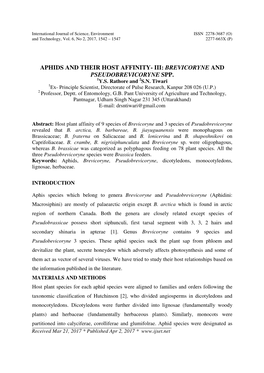 Aphids and Their Host Affinity- Iii: Brevicoryne and Pseudobrevicoryne Spp