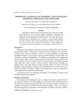 Morphology and Biology of the Bedbug, Cimex Hemipterus (Hemiptera: Cimicidae) in the Laboratory