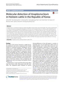 Molecular Detection of Anaplasma Bovis in Holstein Cattle in the Republic of Korea