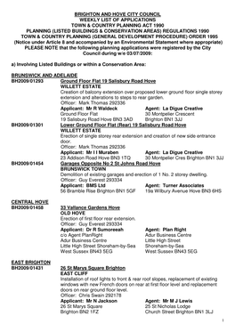 Brighton and Hove City Council Weekly List of Applications Town & Country Planning Act 1990 Planning (Listed Buildings &