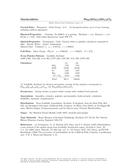 Mattheddleite Pb20(Sio4)7(SO4)4Cl4 C 2001 Mineral Data Publishing, Version 1.2 ° Crystal Data: Hexagonal