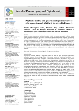 Phytochemistry and Pharmacological Review of Mitragyna Inermis (Willd.) Kuntze (Rubiaceae)