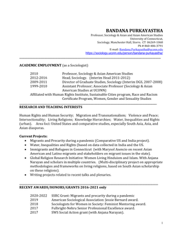 BANDANA PURKAYASTHA Professor, Sociology & Asian and Asian American Studies University of Connecticut, Sociology, Manchester Hall, Storrs