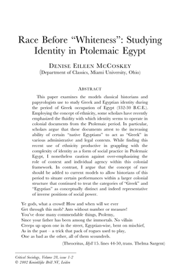 Race Before "Whiteness": Studying Identity in Ptolemaic Egypt