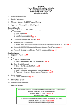 AGENDA Huron-Clinton Metropolitan Authority Board of Commission Meeting February 11, 2016 – 10:30 A.M