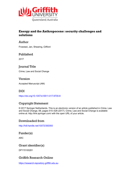 Energy and the Anthropocene: Security Challenges and Solutions