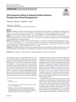 Self-Compassion Relates to Reduced Unethical Behavior Through Lower Moral Disengagement