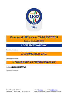 Comunicato Ufficiale N. 39 Del 28/02/2018