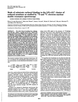 Mode of Substrate Carboxyl Binding to the [4Fe-4S]+ Cluster of Reduced Aconitase As Studied by 170 and 13C Electron-Nuclear Doub