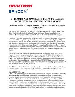 Orbcomm and Spacex Set Plans to Launch Satellites on Next Falcon 9 Launch