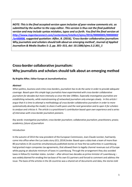 Cross-Border Collaborative Journalism: Why Journalists and Scholars Should Talk About an Emerging Method’, Journal of Applied Journalism & Media Studies 5: 2, Pp