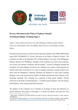 Poverty Alleviation in the Wake of Typhoon Yolanda Workshop Findings