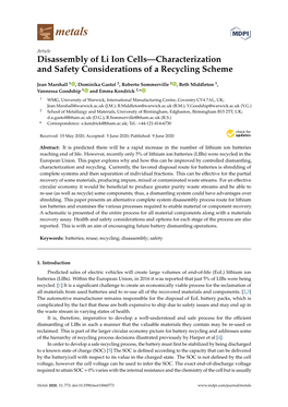 Disassembly of Li Ion Cells—Characterization and Safety Considerations of a Recycling Scheme