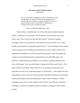 Constructing the Past 1 the Darker Side of Martin Luther Emily Paras If We Wish to Find a Scapegoat on Whose Shoulders We May La