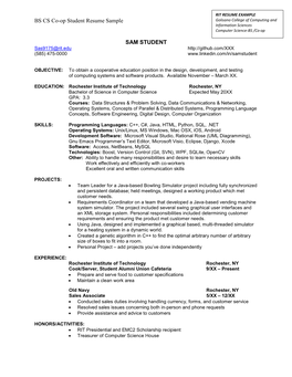 BS CS Co-Op Student Resume Sample SAM STUDENT