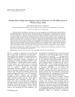 Gendered Knowledge and Changing Trends in Utilization of Wild Edible Greens in Western Ghats, India