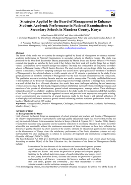 Strategies Applied by the Board of Management to Enhance Students Academic Performance in National Examinations in Secondary Schools in Mandera County, Kenya
