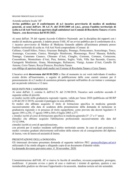 Azienda Sanitaria Locale 'AT' Avviso Pubblico Per Il Conferimento Di N.1 Incarico Provvisorio Di Medico Di Medicina Generale, Ai Sensi Dell'art