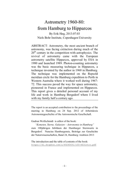 Astrometry 1960-80: from Hamburg to Hipparcos by Erik Høg, 2013.07.03 Niels Bohr Institute, Copenhagen University