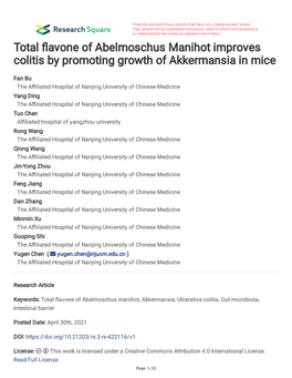 Total Avone of Abelmoschus Manihot Improves Colitis by Promoting