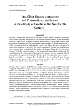 Travelling Theatre Companies and Transnational Audiences. a Case Study of Croatia in the Nineteenth Century