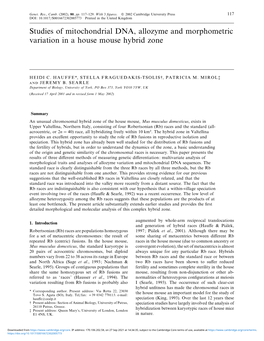 Studies of Mitochondrial DNA, Allozyme and Morphometric Variation in a House Mouse Hybrid Zone