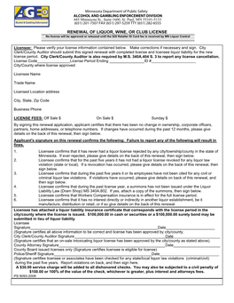 RENEWAL of LIQUOR, WINE, OR CLUB LICENSE No License Will Be Approved Or Released Until the $20 Retailer ID Card Fee Is Received by MN Liquor Control