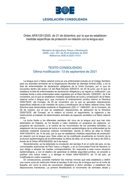 Orden APA/1251/2020, De 21 De Diciembre, Por La Que Se Establecen Medidas Específicas De Protección En Relación Con La Lengua Azul