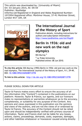 Berlin in 1936: Old and New Work on the Nazi Olympics Bill Murray a a La Trobe University Published Online: 08 Jun 2010