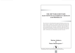 The 2007 Parliamentary Elections in Kazakhstan: Results and Prospects