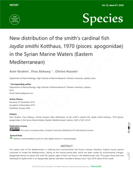 New Distribution of the Smith's Cardinal Fish Jaydia Smithi Kotthaus, 1970 (Pisces: Apogonidae) in the Syrian Marine Waters (Eastern Mediterranean)