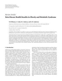 Review Article Beta Glucan: Health Benefits in Obesity and Metabolic