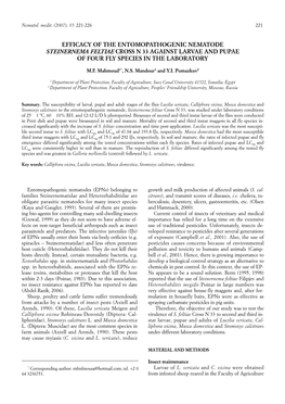 Efficacy of the Entomopathogenic Nematode Steinernema Feltiae Cross N 33 Against Larvae and Pupae of Four Fly Species in the Laboratory