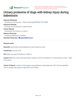 Urinary Proteome of Dogs with Kidney Injury During Babesiosis