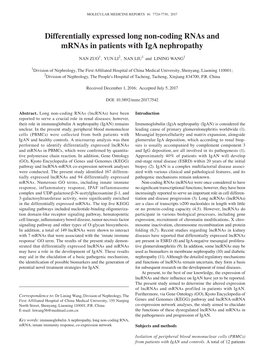 Differentially Expressed Long Non‑Coding Rnas and Mrnas in Patients with Iga Nephropathy