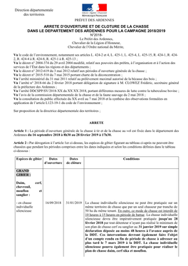 Arrete D'ouverture Et De Cloture De La Chasse Dans