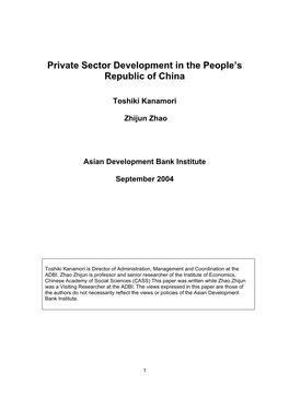 Private Sector Development in the People's Republic of China