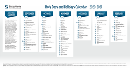 Holy Days and Holidays Calendar 2020-2021