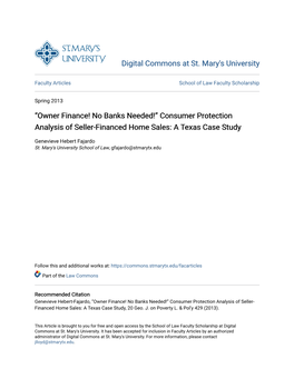 Owner Finance! No Banks Needed!” Consumer Protection Analysis of Seller-Financed Home Sales: a Texas Case Study