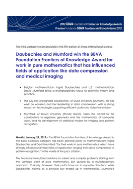 Daubechies and Mumford Win the BBVA Foundation Frontiers of Knowledge Award for Work in Pure Mathematics That Has Influenced