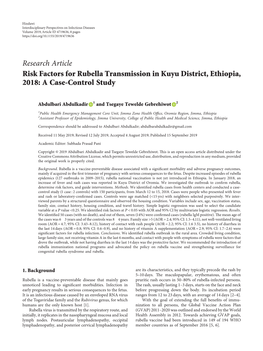 Research Article Risk Factors for Rubella Transmission in Kuyu District, Ethiopia, 2018: a Case-Control Study