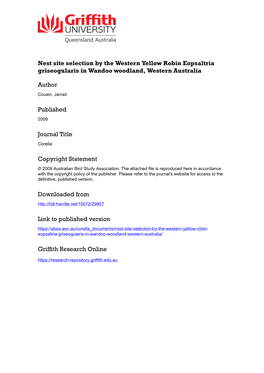 Nest Site Selection by the Western Yellow Robin Eopsaltria Griseogularis in Wandoo Woodland, Western Australia