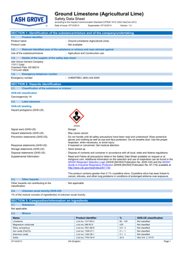 Ground Limestone (Agricultural Lime) Safety Data Sheet According to the Hazard Communication Standard (CFR29 1910.1200) Hazcom 2012