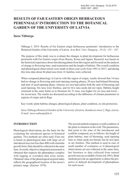 Nāburga I. Results of Far Eastern Origin Herbaceous Perennials