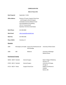 CURRICULUM VITAE Allan B. Peetz, M.D. Date Prepared: September 7, 2016 Office Address: Division of Trauma, Surgical Critical C