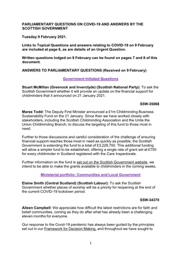 1 PARLIAMENTARY QUESTIONS on COVID-19 and ANSWERS by the SCOTTISH GOVERNMENT Tuesday 9 February 2021. Links to Topical Questions