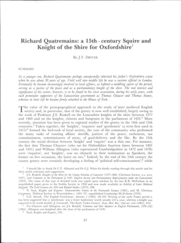 Richard Quatremains: a 15Th - Century Squire and Knight of the Shire for Oxfordshirel