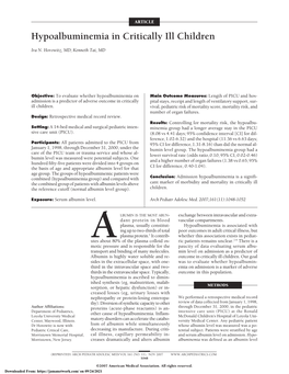 Hypoalbuminemia in Critically Ill Children