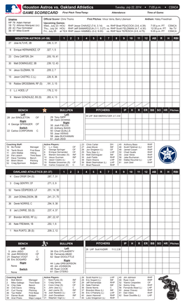 Houston Astros Vs. Oakland Athletics Tuesday, July 22, 2014 W 7:05 P.M